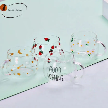 Clear glass mug with colorful strawberry daisy star and moon prints from decorbites cute letter glass collection