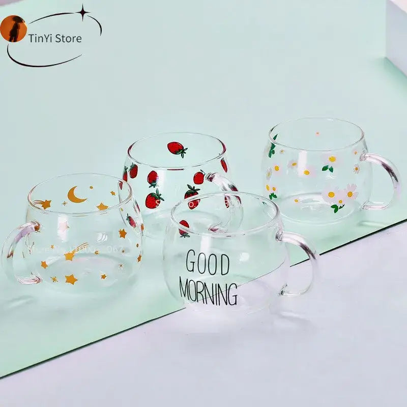 Clear glass mug with colorful strawberry daisy star and moon prints from decorbites cute letter glass collection