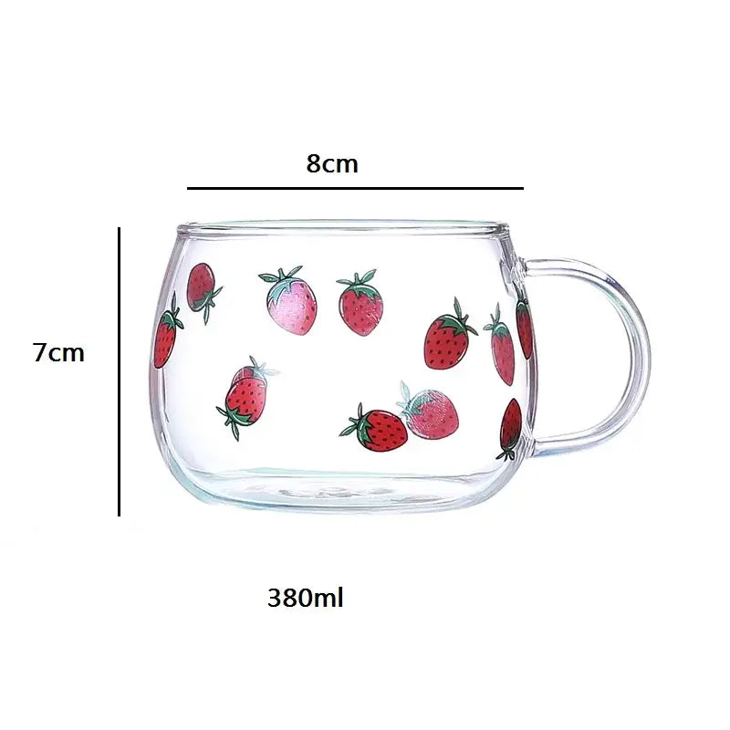 Clear glass mug with colorful red and pink strawberry decorbites cute letter glass print and transparent handle