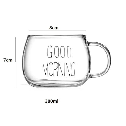 Clear glass mug with curved handle and good morning print from decorbites cute letter glass kitchen drinkware