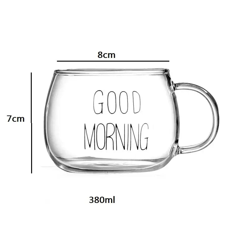 Clear glass mug with curved handle and good morning print from decorbites cute letter glass kitchen drinkware