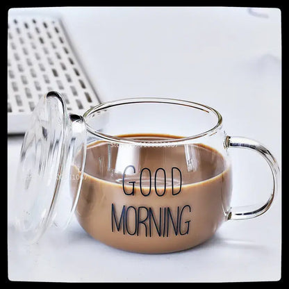 Clear glass mug with matching lid featuring good morning text from decorbites cute letter glass kitchen drinkware