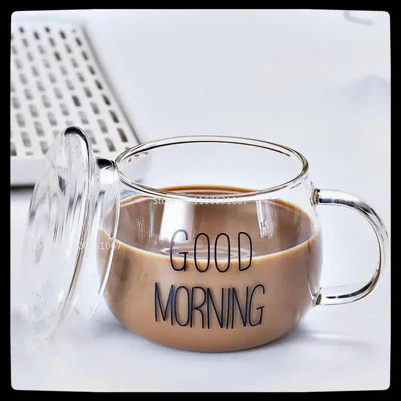 Clear glass mug with matching lid featuring good morning text from decorbites cute letter glass kitchen drinkware
