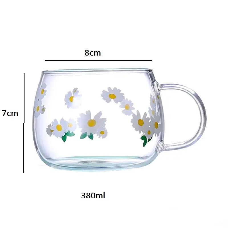 Clear glass mug with handle featuring hand-painted white daisies by decorbites cute letter glass for kitchen use