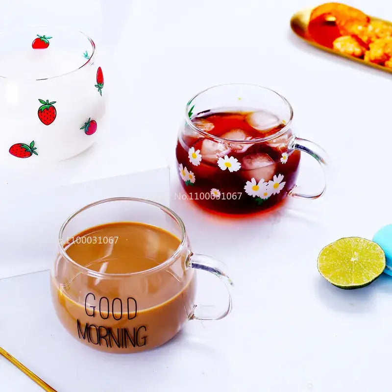 Clear glass mug with handle featuring good morning text in black decorbites cute letter glass kitchen drinkware