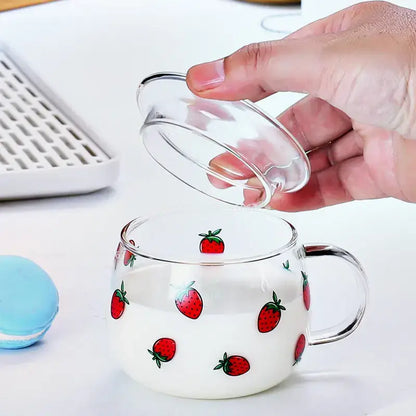 Clear glass mug with red strawberry decals and matching transparent lid from decorbites cute letter glass collection
