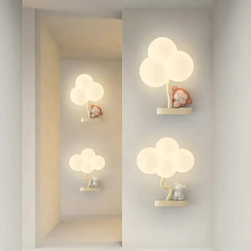 Cute monkey tree wall lamp with cloud shape soft white light and wooden base featuring adorable animal figurines decorbites cloud shape