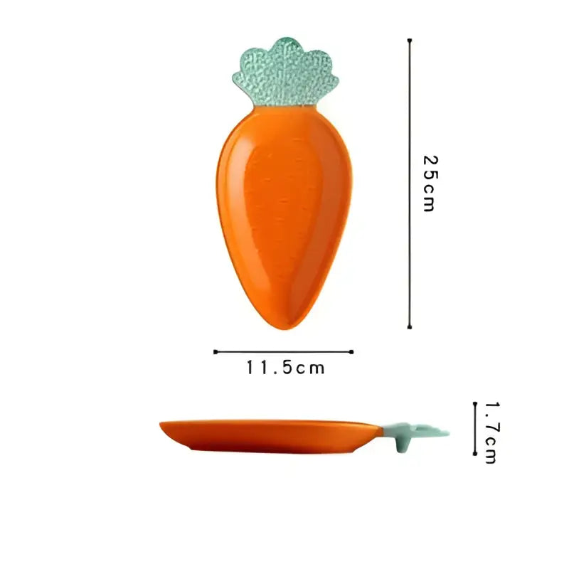 Cute orange and green carrot ceramic tableware set featuring a carrot-shaped dish with a light green leafy top