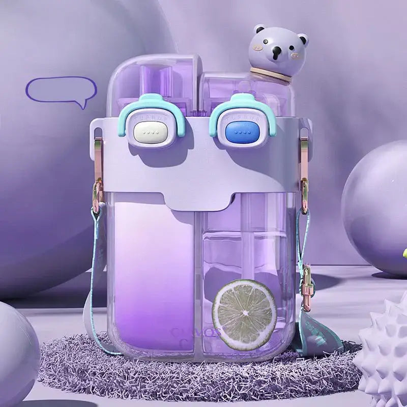 Purple gradient plastic double-bin sippy cup with light blue accents and cute bear face for kids kitchen use