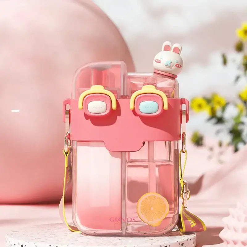 Cute pastel animal double-bin sippy cup pink translucent with bunny cap and detachable shoulder strap for kids use