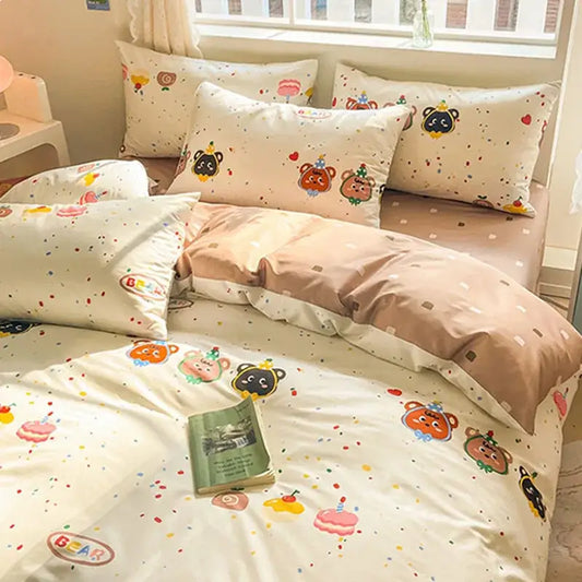 Cute pastel bear cotton bedding set with floral print decorbites cotton floral fabric and playful cartoon designs