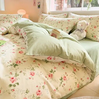 Pastel green and cream cotton bedding set with pink roses floral print from Decorbites cotton floral collection