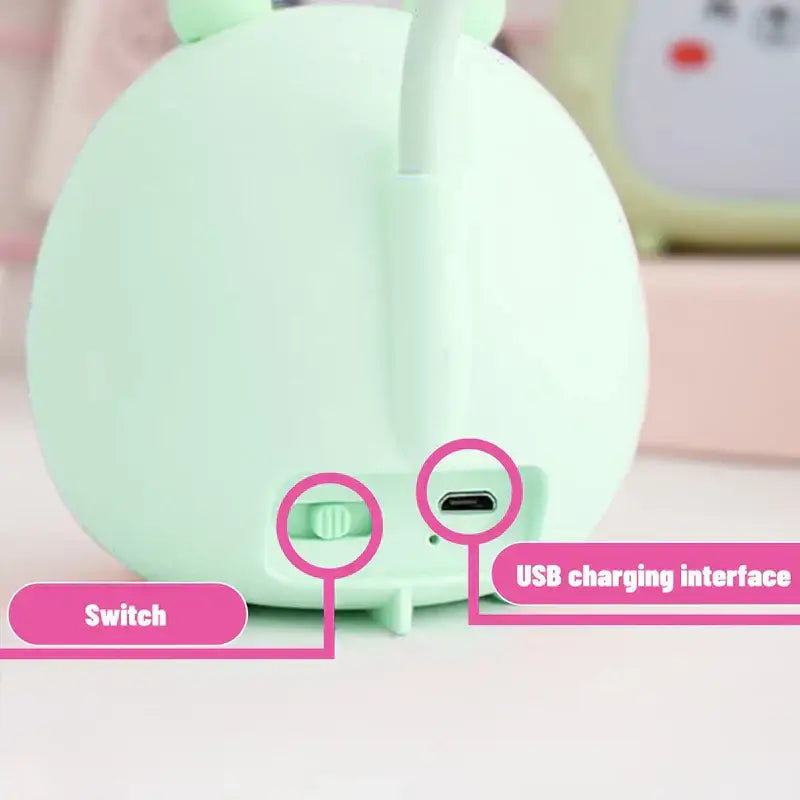 Pastel green round bluetooth speaker with bunny ear design and usb charging port for decorbites cartoon led desk night light