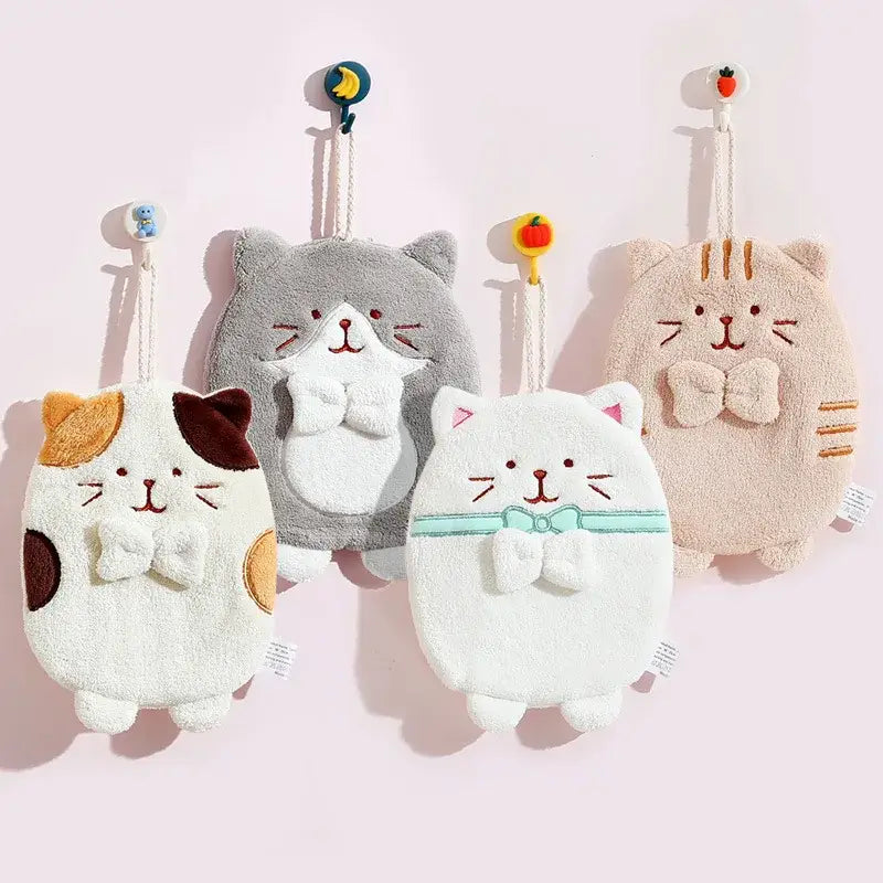 Adorable pastel plush cat hand towel sponges with embroidered faces and cute bow ties for bathroom use