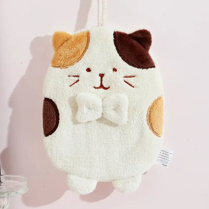 Plush white cat hand towel with brown patches, embroidered features, and a fluffy bow tie for a cute cat hand towel