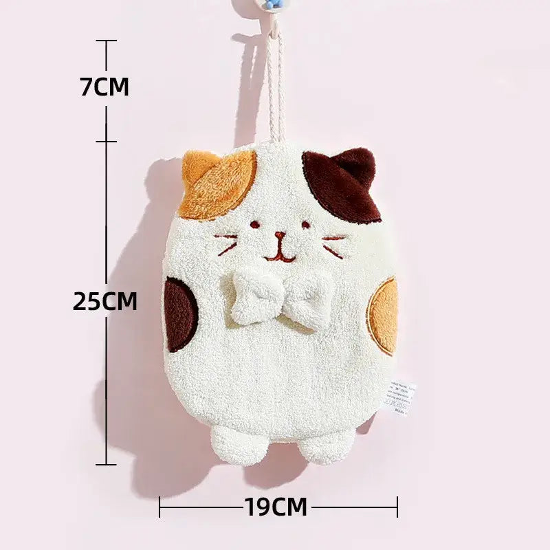 Cute patchwork and white cat hand towel plush sponge with embroidered face brown orange patches and soft terry cloth texture
