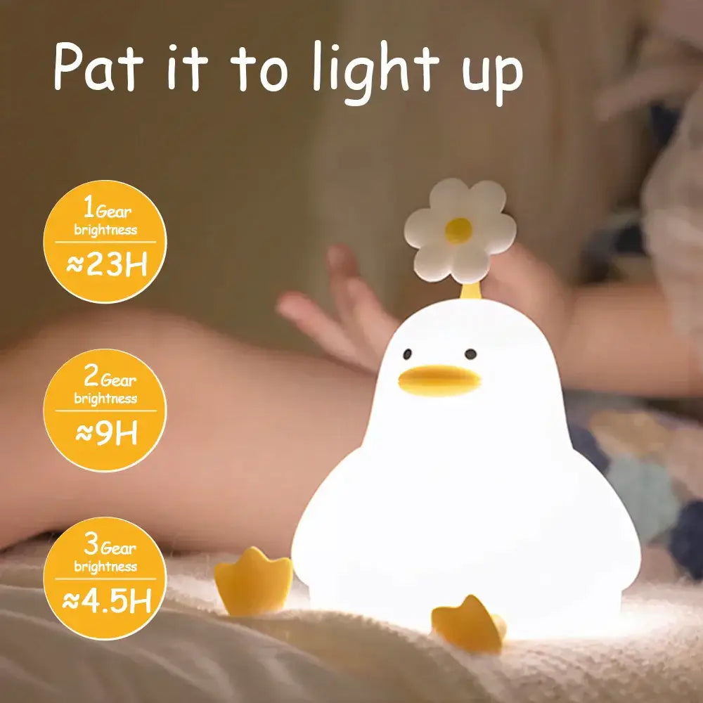 A soft white plush decorbites duck cartoon night lamp with yellow feet and beak, usb rechargeable night light