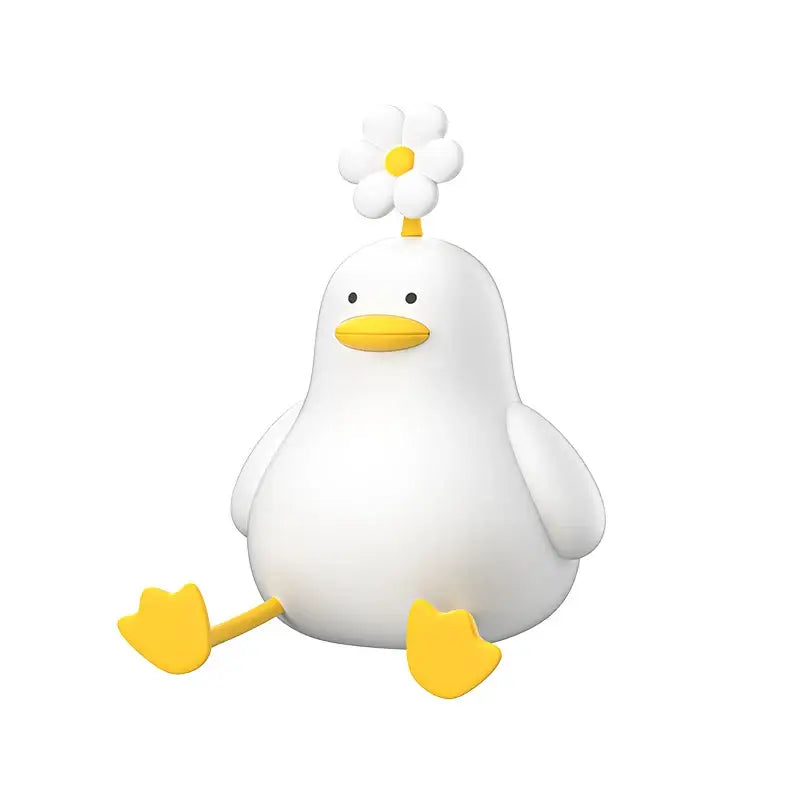 White plush duck cartoon night lamp with yellow beak feet and daisy decorbites duck cartoon night light design