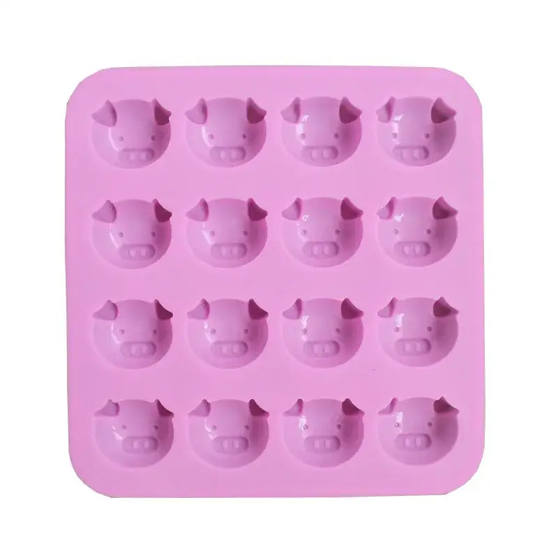 Pink silicone cake mold featuring 16 cute pig head molds ideal for ice cubes or baking purposes
