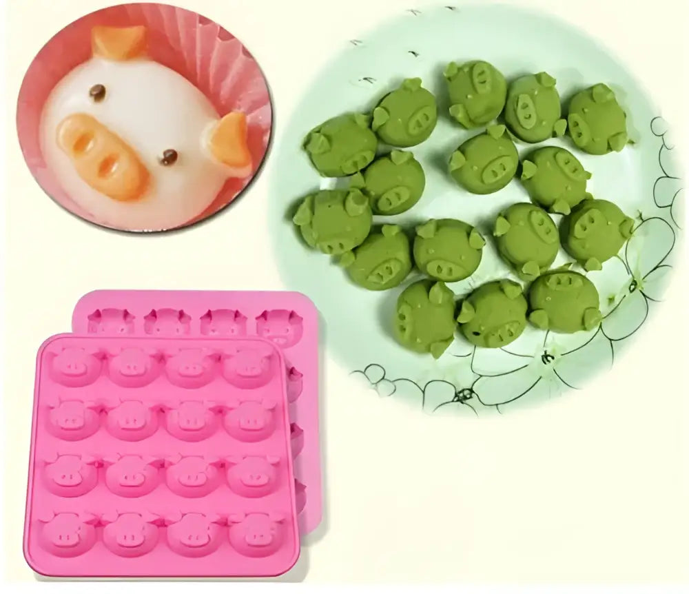 Pink silicone cake mold shaped like a cute pig head for baking and ice cube tray use