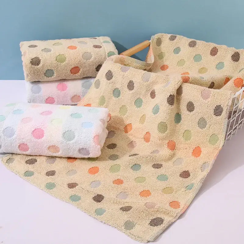 Soft plush beige cotton dot face towel with multicolored polka dots from cute pink and beige dot face towel set