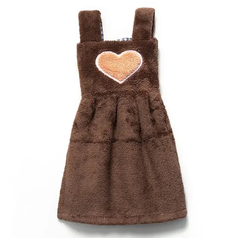 Brown fuzzy hand towel dress with tan heart patch for cute cartoon hand towel kitchen decor use
