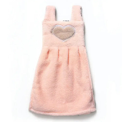 Cute pink plush terry cloth hand towel dress with beige heart appliqué for kitchen decor cartoon hand towel