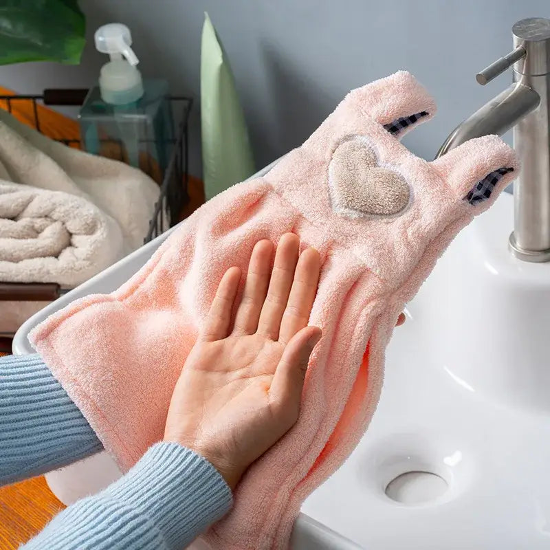 Cute pink plush cartoon hand towel glove with heart patch and checkered ears for kitchen decor use