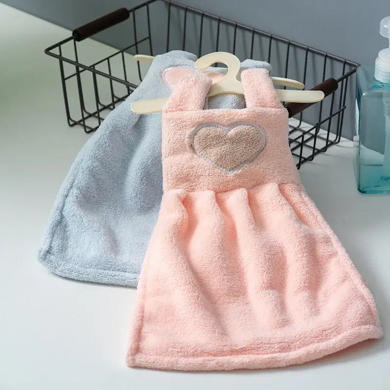 Cute pink plush hand towel designed as a dress with a heart appliqué for kitchen decor cartoon hand towel