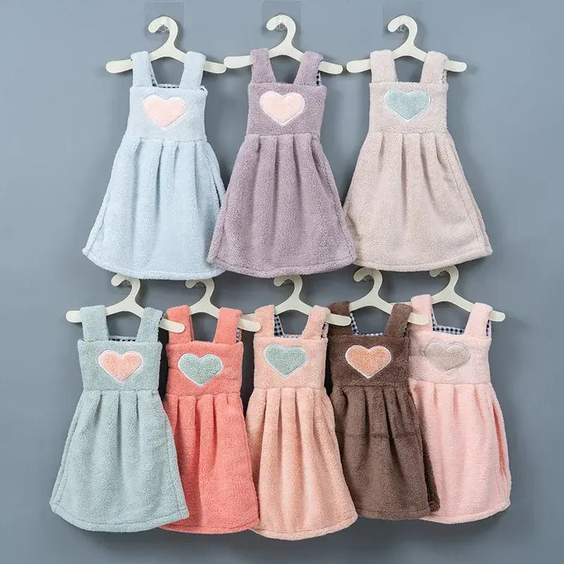 Pastel pink and light blue plush hand towel dress with heart patches made of soft terry cloth for kitchen decor