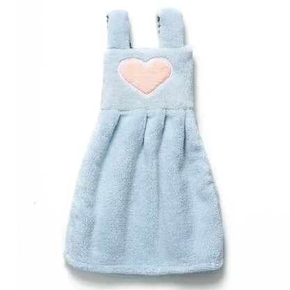 Light blue plush hand towel designed like a dress with soft texture and pink heart appliqué cute cartoon hand towel