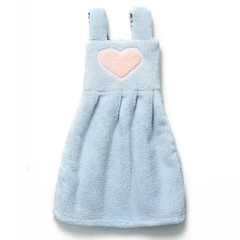 Light blue plush hand towel designed like a dress with soft texture and pink heart appliqué cute cartoon hand towel