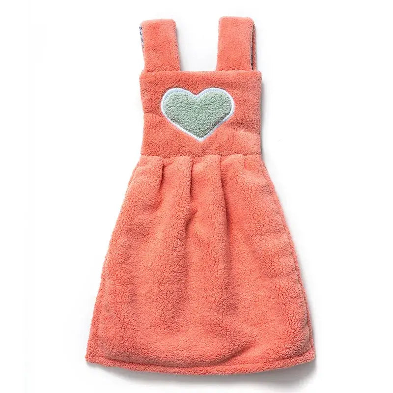 Coral-colored plush towel dress with light green heart appliqué cute cartoon hand towel kitchen decor