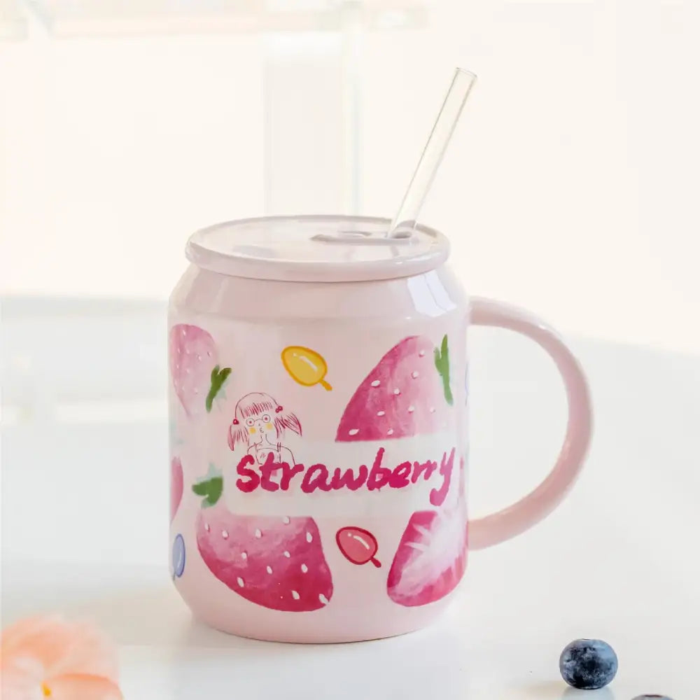 Cute pink strawberry fruit shape ceramic mug with lid and clear straw by decorbites fruit shape ceramic kitchen cup