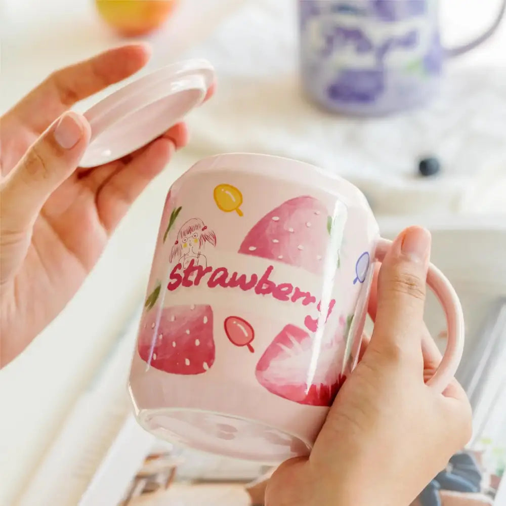 Cute pink strawberry fruit shape ceramic mug with matching translucent lid from decorbites fruit shape ceramic collection