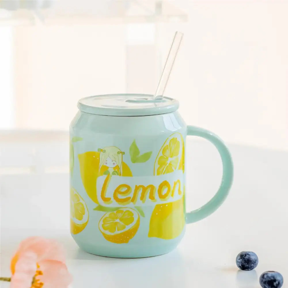 Pastel mint fruit shape ceramic mug with lid featuring vibrant lemon illustrations and playful decorbites fruit shape design