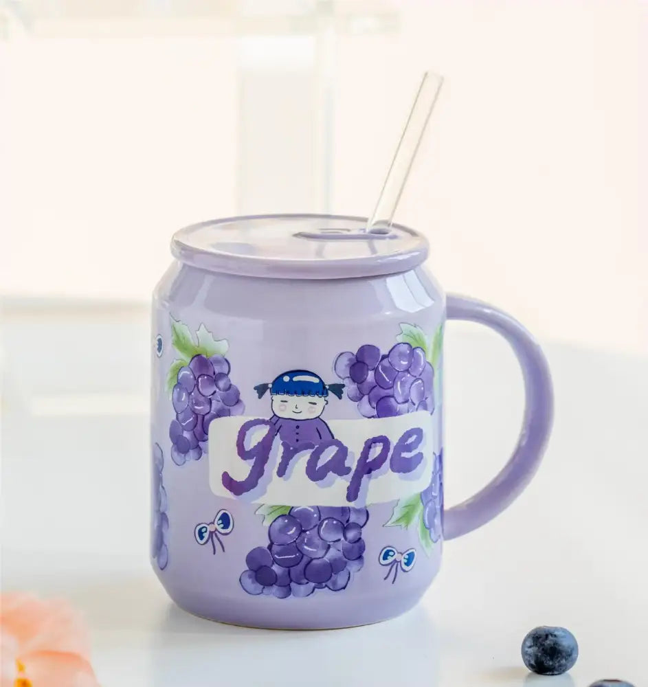 Purple fruit shape ceramic mug with grape illustration blue pigtail cartoon character and matching lid decorbites fruit shape