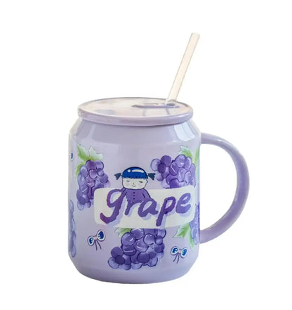 Purple fruit shape ceramic mug with grape illustrations and cartoon character featuring matching lid and straw decorbites fruit shape
