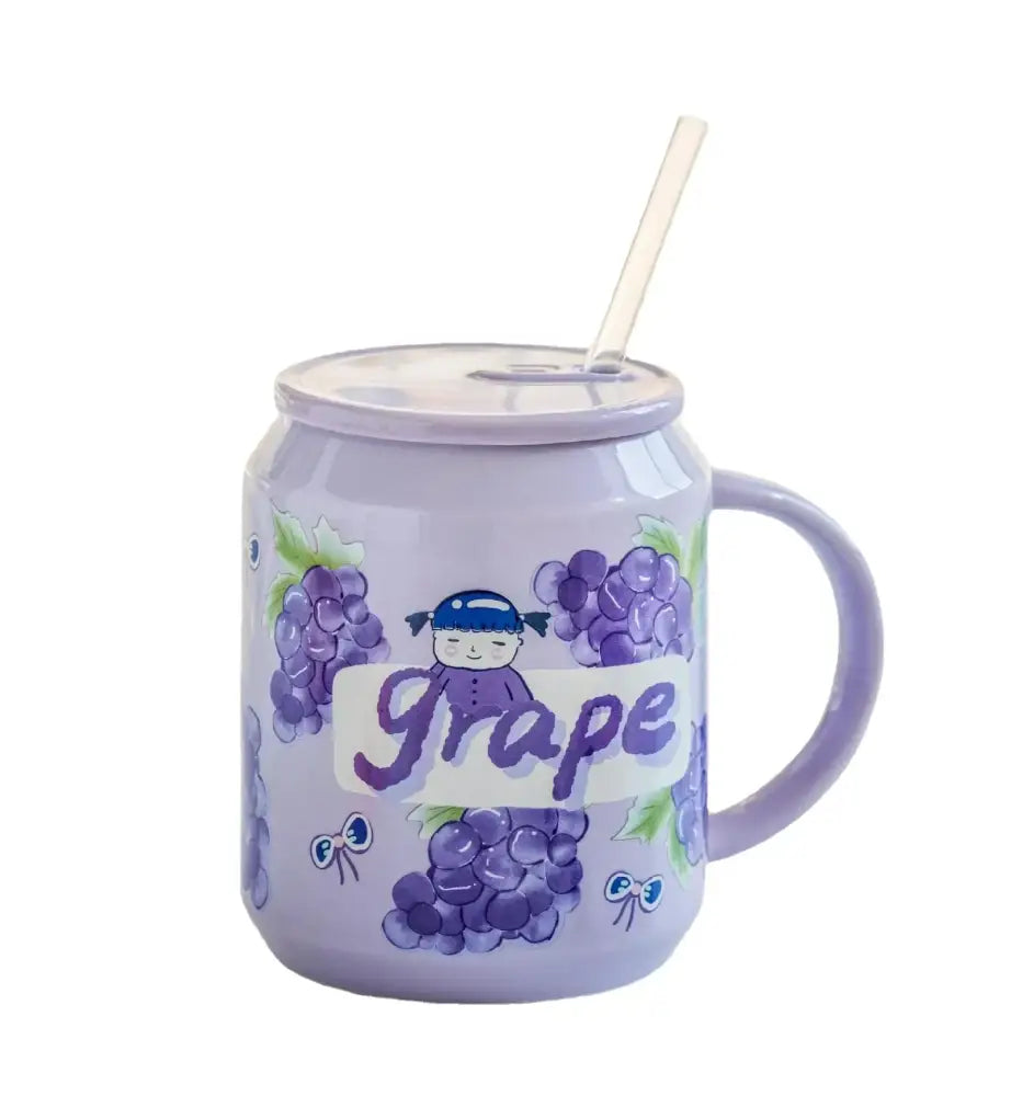 Purple fruit shape ceramic mug with grape illustrations and cartoon character featuring matching lid and straw decorbites fruit shape