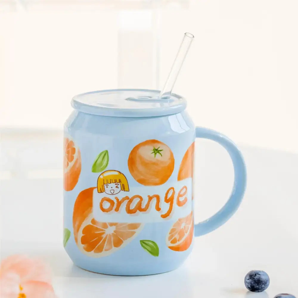 Light blue fruit shape ceramic mug with orange fruit illustrations, cartoon girl, matching lid, and clear straw decorbites fruit shape
