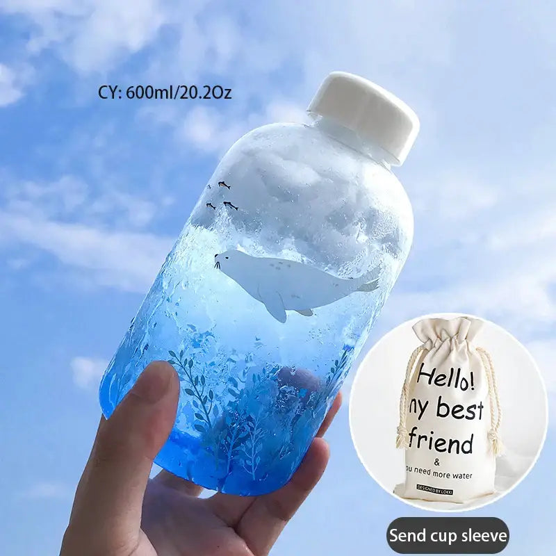 Transparent blue glass water bottle with white cap 600ml featuring cute polar bear and seal design by decorbites blue glass