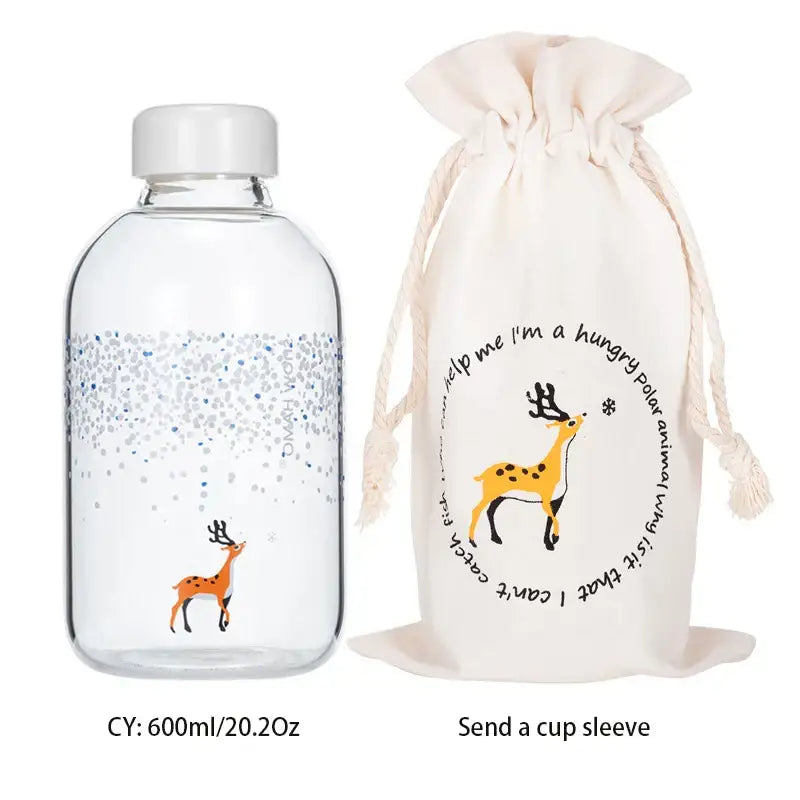 Clear glass water bottle with white cap featuring orange deer and silver glitter speckles for decorbites blue glass water