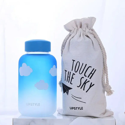 Blue glass water bottle with white cloud decals and upstyle lid from decorbites blue glass kitchen drinkware