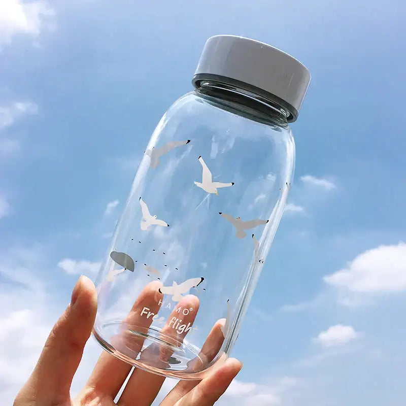 Clear glass water bottle with gray lid and white seagull decals from decorbites blue glass water drinkware collection