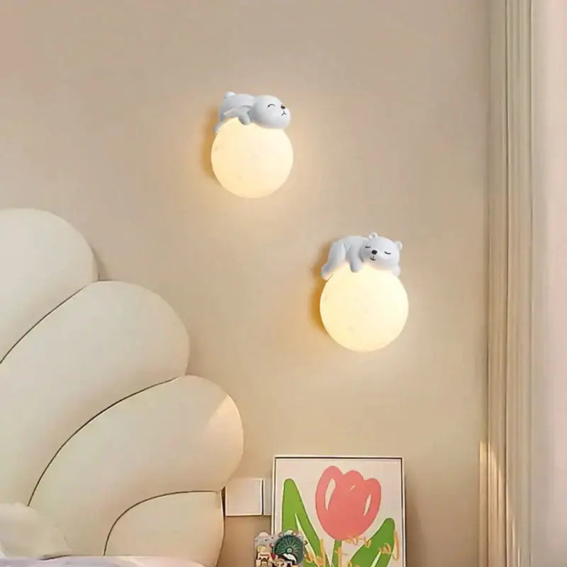 Cute white polar bear cartoon animal wall light with soft glowing spherical bases for bedroom decorbites cartoon animal decor