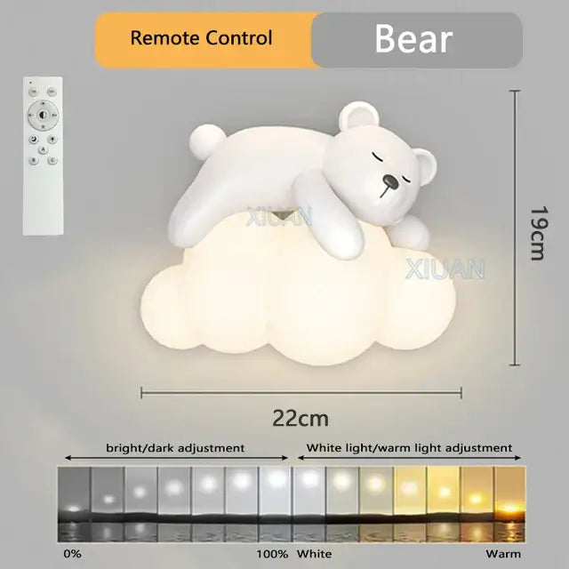 Cute polar bear white wall lamp with cloud base featuring adjustable bright dark and white warm light settings for kids bedroom decor