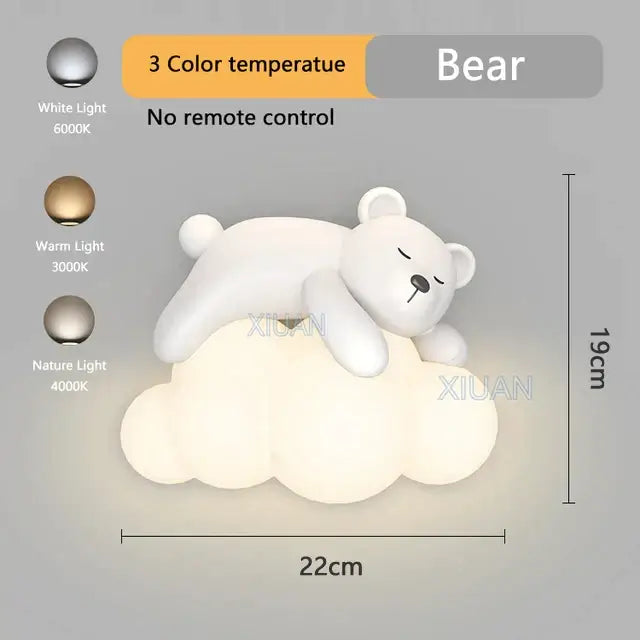 Cute polar bear led night light resting on cloud base with three color temperature settings for kids bedroom decor