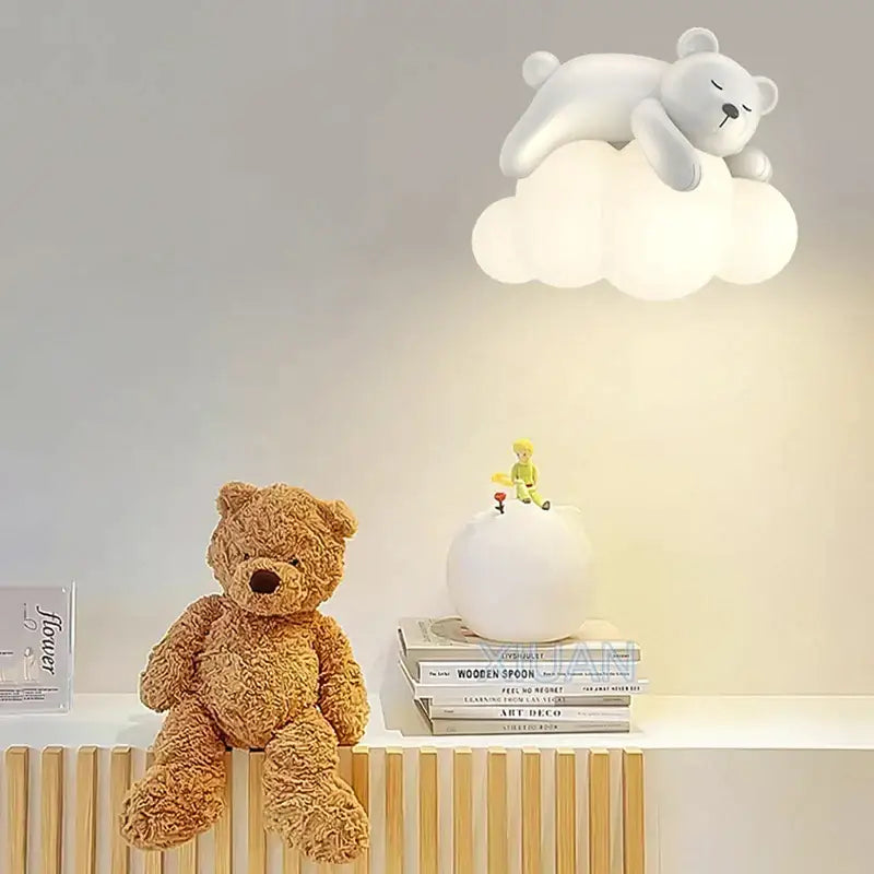 Cute polar bear cloud wall lamp in white with a sleeping bear figurine for kids bedroom decor
