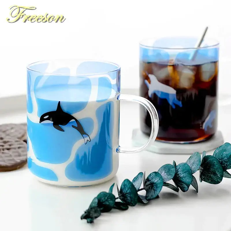 Blue and white glass coffee mug with a black orca silhouette and swirling ocean patterns heat resistant tea cup