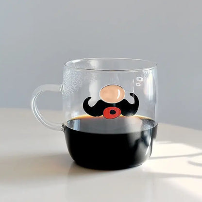 Clear glass coffee mug with cartoon mustache design in black red and beige heat resistant for tea or coffee use